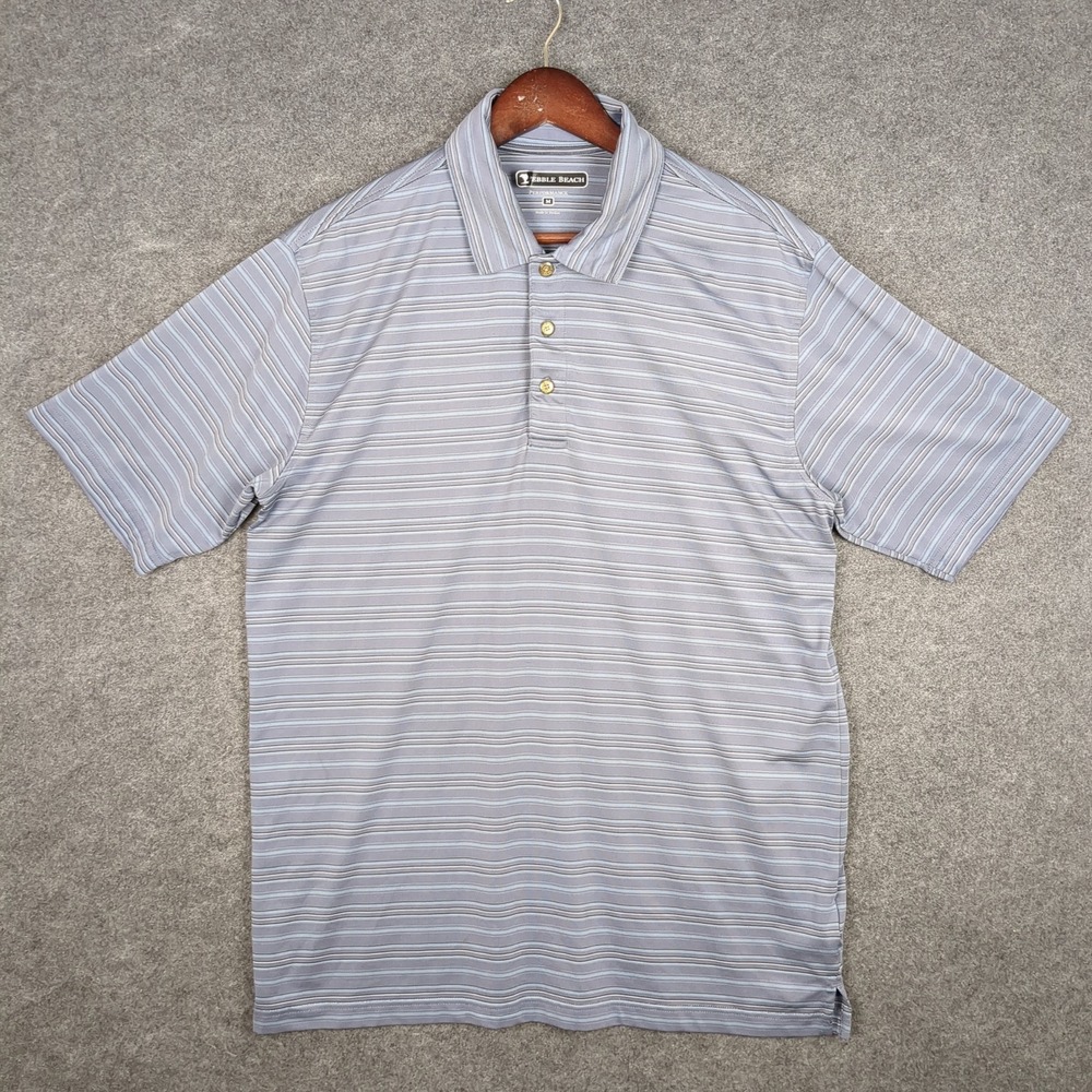 Pebble Beach Performance Mens Polo Shirt Blue Stripe Short Sleeve Size M - Picture 2 of 12